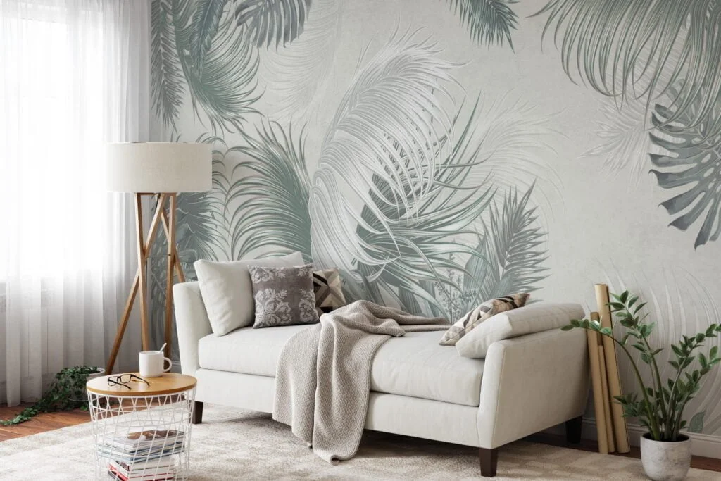 Create a Relaxing Oasis with Muted Green Colored Tropical Leaves on a Light Green Background - Self Adhesive Modern Wall Mural