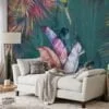 Tropical Paradise: Dark Green Leaf Wallpaper with Colorful Leaves and Self-Adhesive Design