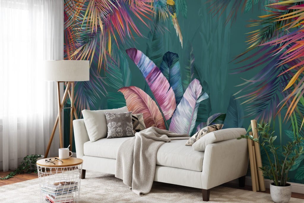 Tropical Paradise: Dark Green Leaf Wallpaper with Colorful Leaves and Self-Adhesive Design