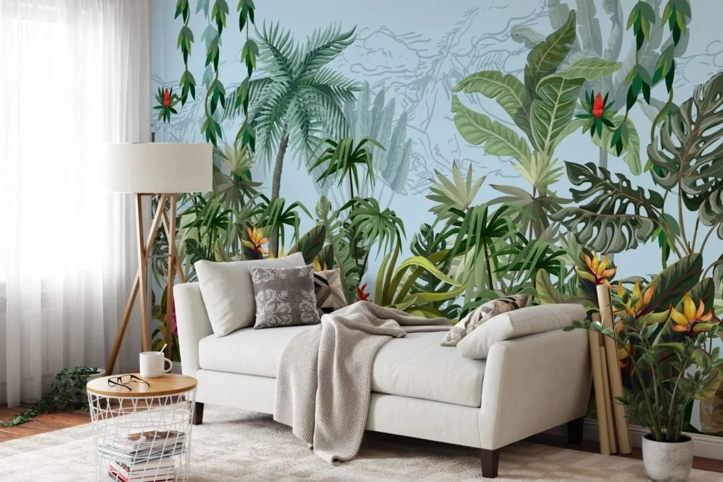 Tropical Jungle Forest Illustration with Soft Blue Background Wallpaper for a Calming and Serene Oasis