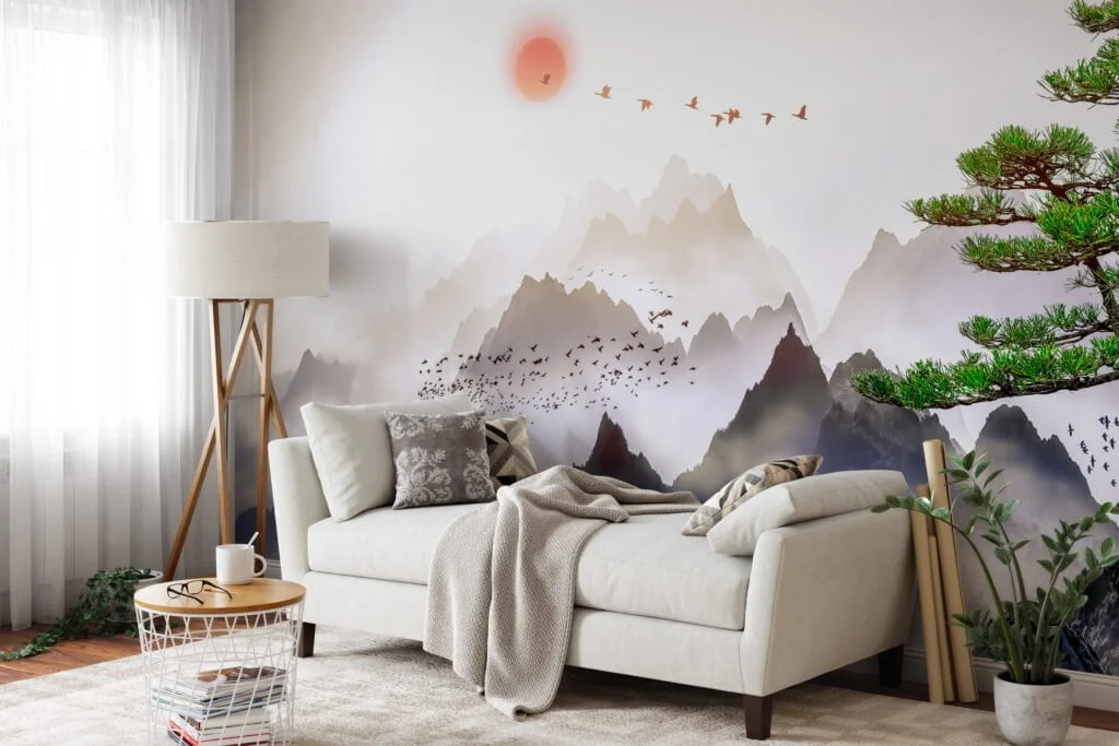 Tranquil Nature Wallpaper with Misty Mountains and Soaring Birds for a Peaceful and Serene Home Ambiance