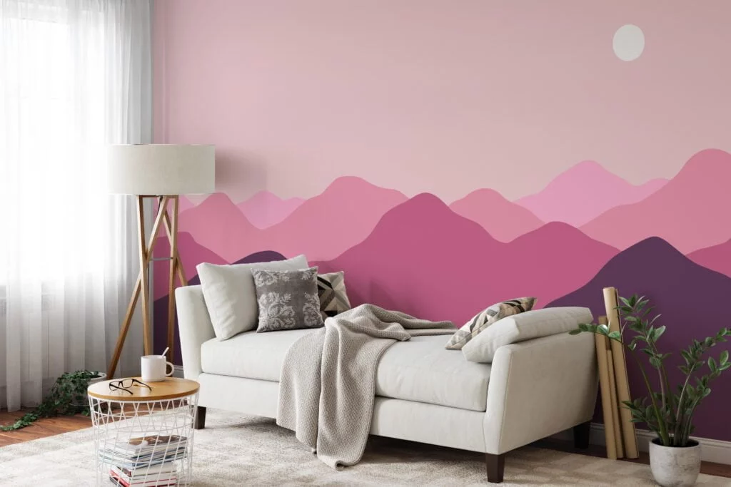 Minimalistic Abstract Mountains Wallpaper with Pink and Purple Hues for a Contemporary and Chic Home Decor