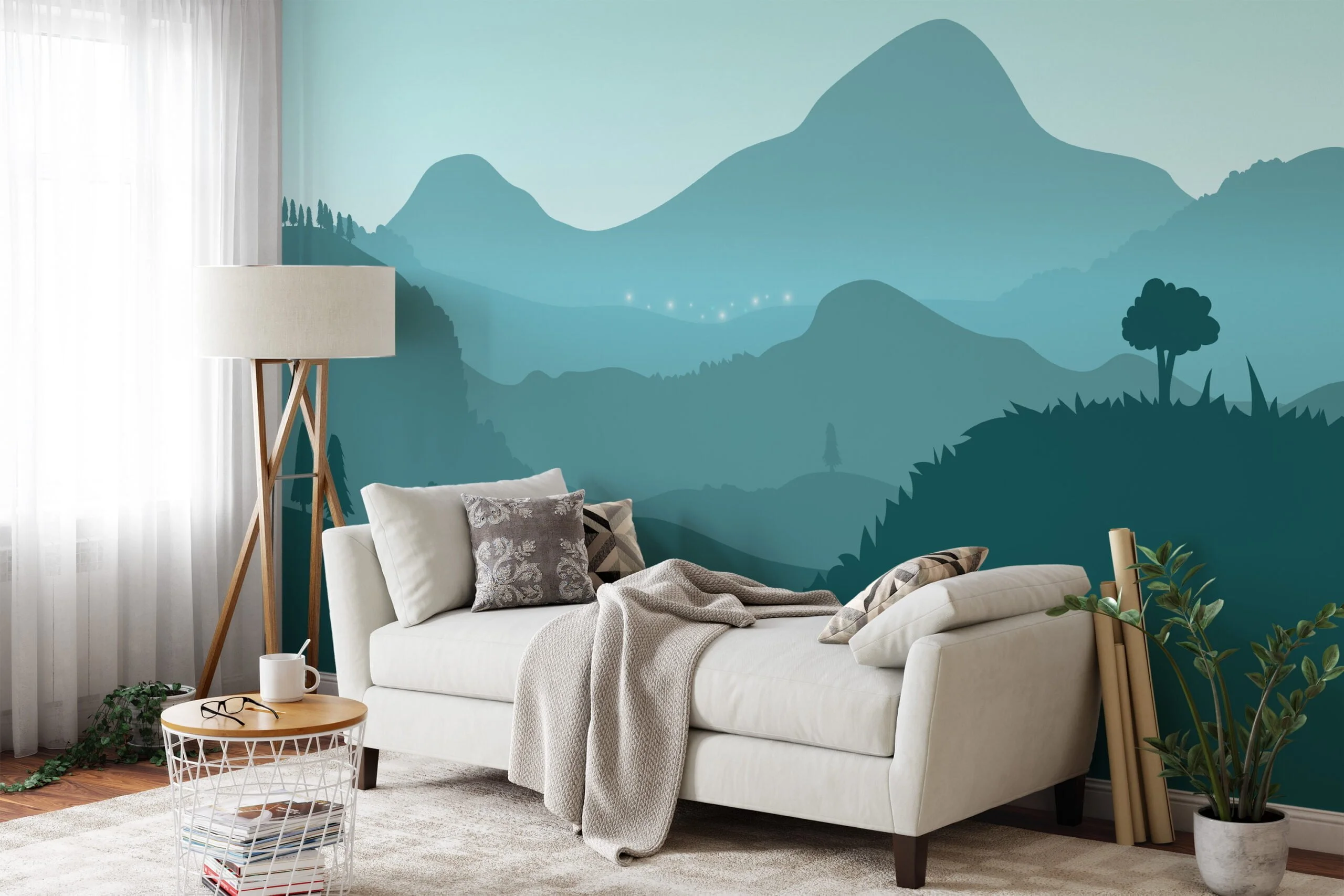 Contemporary Teal Colored Abstract Mountains Illustration Wallpaper for a Chic and Modern Home Ambiance