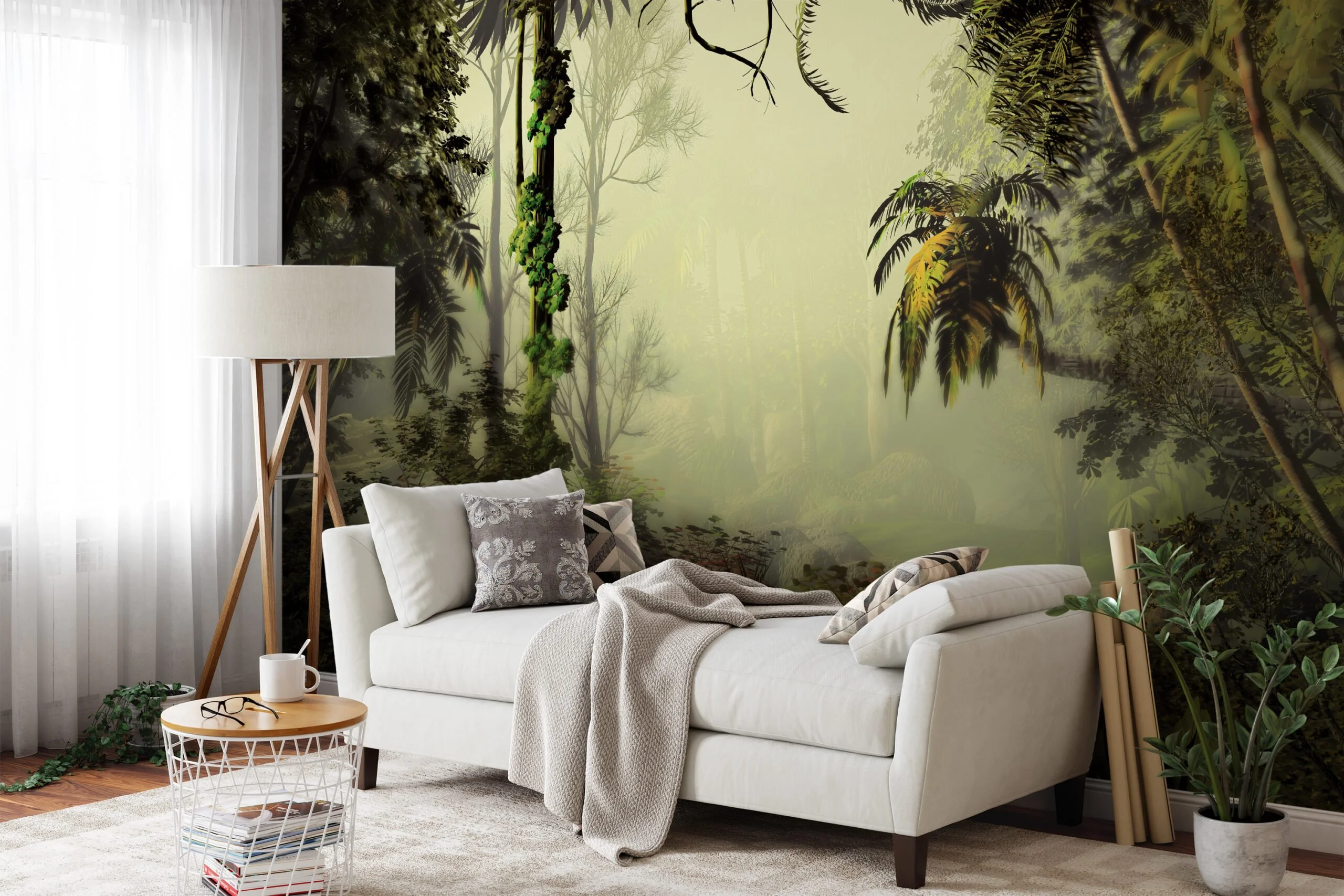Elegant Misty Green Jungle Wallcovering with Lush Palm Trees and Forest Background for a Serene Atmosphere