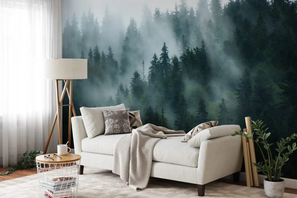 Stunning Foggy Dark Green Forest Wallpaper for a Mystical Nature-Inspired Look