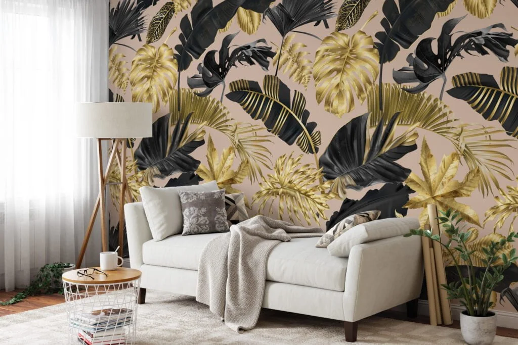 Luxurious Gold and Black Tropical Leaves on Peach Pink Background - Self-Adhesive Peel and Stick Modern Wallpaper for a Touch of Elegance