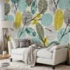 Artistic Abstract Fall Leaves with Branches on Light Background - Self-Adhesive Peel and Stick Wallpaper with a Modern Twist in Blue and Yellow