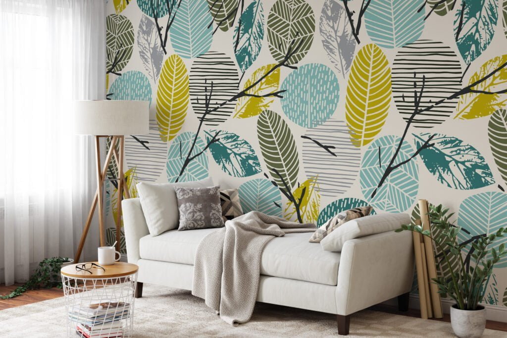 Artistic Abstract Fall Leaves with Branches on Light Background - Self-Adhesive Peel and Stick Wallpaper with a Modern Twist in Blue and Yellow