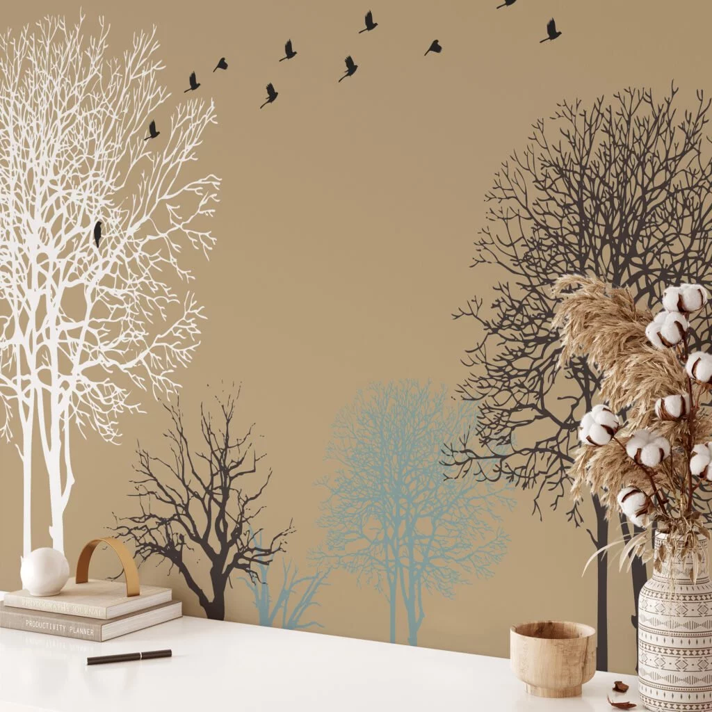 Peel and Stick Minimalist Trees and Birds Wallpaper with Customizable Sizes and Removable Properties for Modern Wall Decor in Living Rooms or Bedrooms