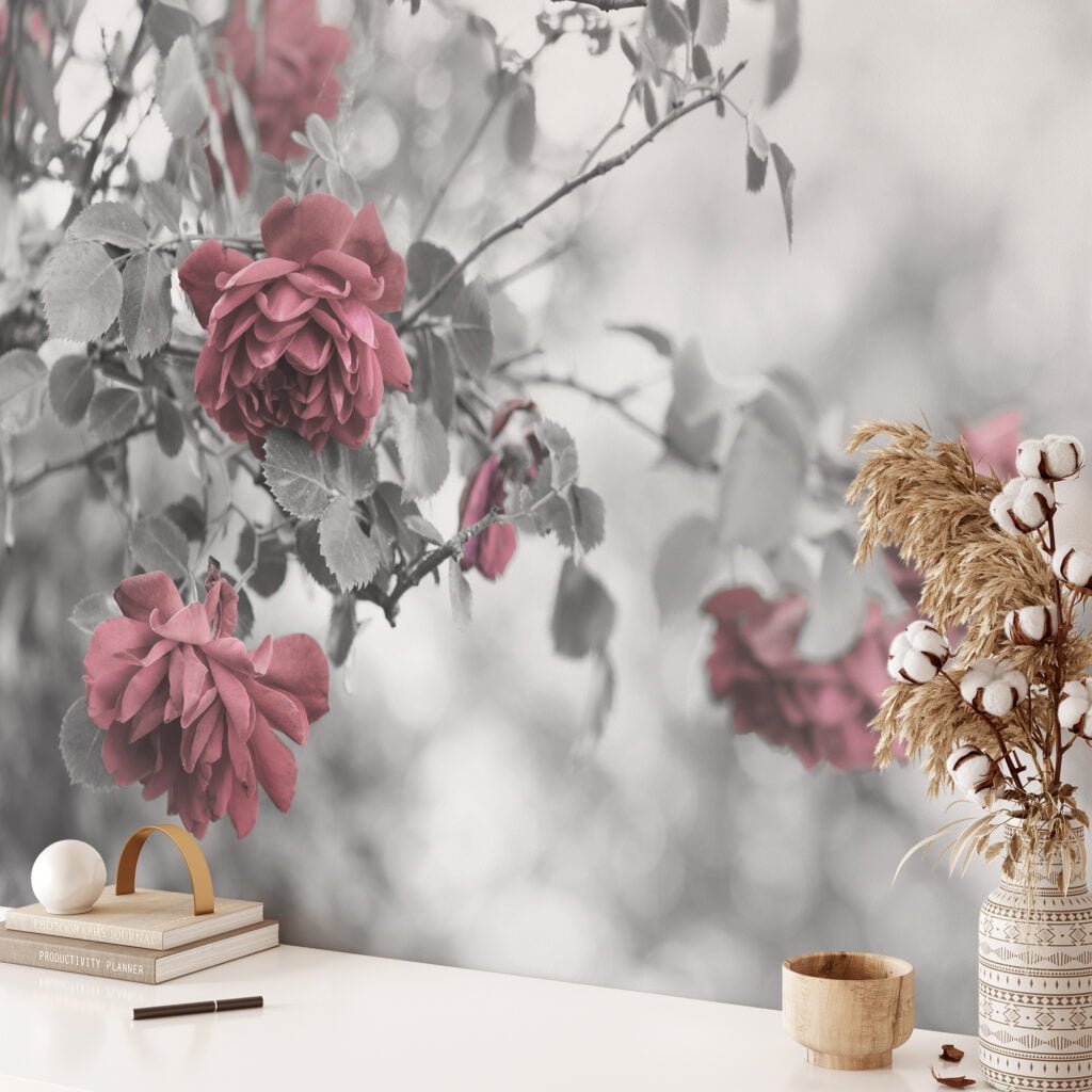 Greyscaled Red Flowers Wallpaper, Moody and Dramatic Peel and Stick Wall Mural, Self Adhesive Removable Wallpaper for a Contemporary and Edgy Look
