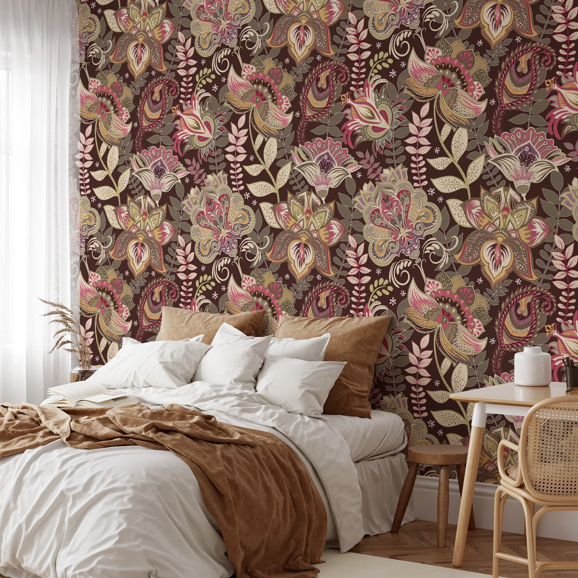 Oriental Vintage Style Floral Illustration Wallpaper - Antique Style Oriental Floral Pattern with Soft Colors and Delicate Details