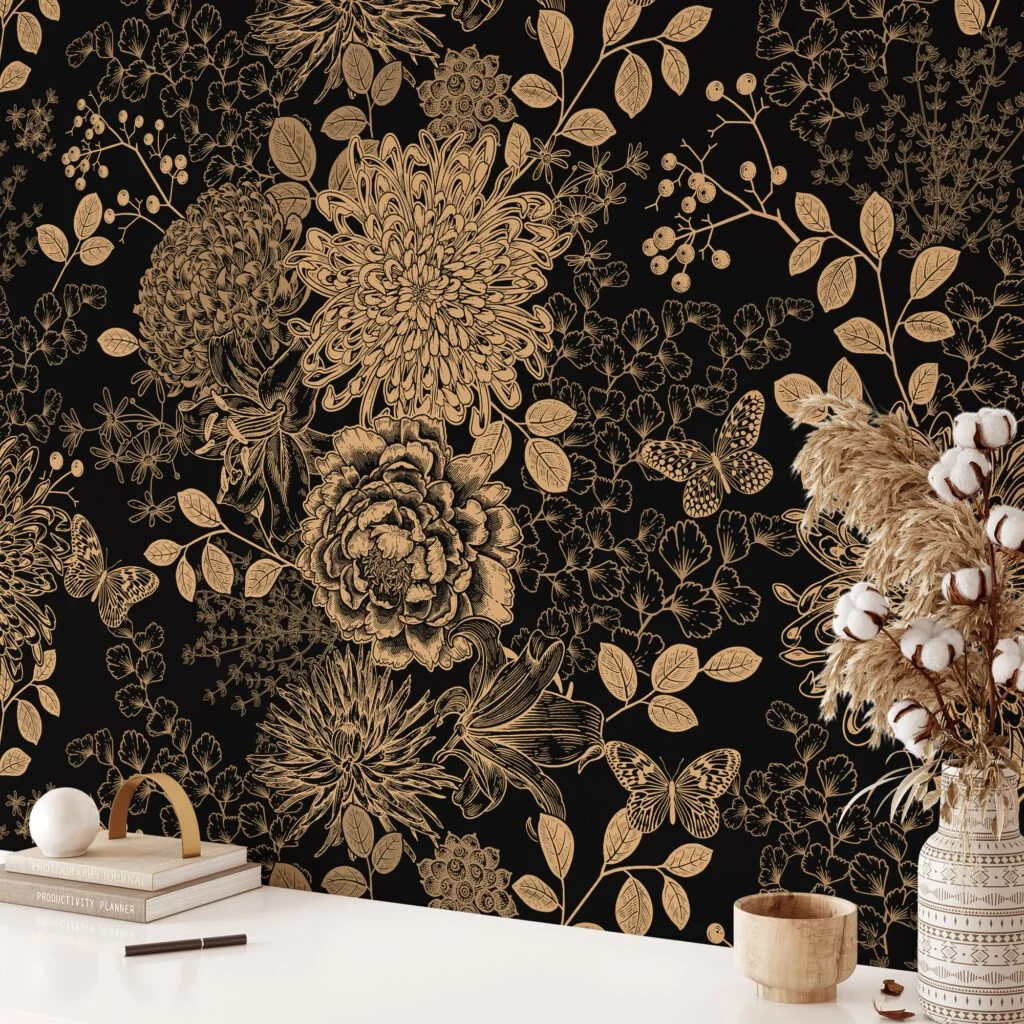 Vintage-Inspired Peonies and Chrysanthemums Illustration Wall Mural for a Unique and Beautiful Look