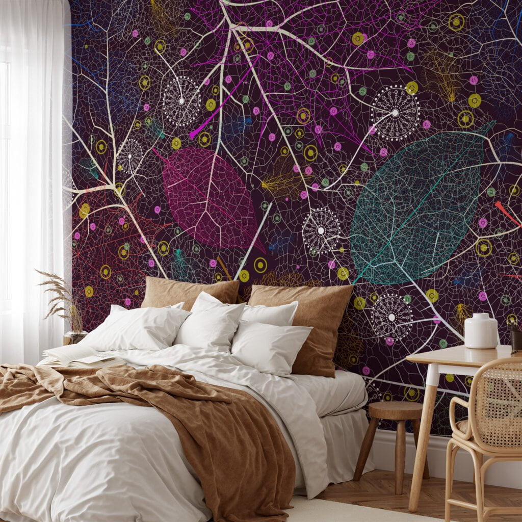 Colorful Abstract Leaves with Artistic Venation on Dark Background - Peel and Stick Self-Adhesive Whimsical Wallpaper