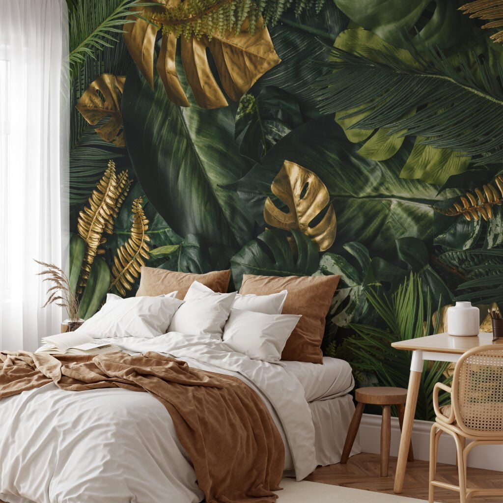 Vibrant Golden and Green Tropical Leaves on Jungle Background - Self-Adhesive Peel and Stick Botanical Wallpaper to Create a Lush Escape