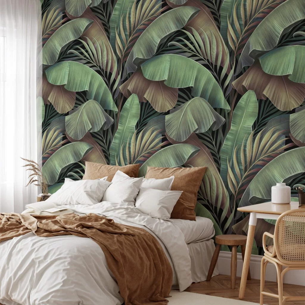 Lush Oasis with Large Tropical Green Banana Leaves Pattern - Self-Adhesive Peel and Stick Green and Brown Leaf Wallpaper Inspired by Nature