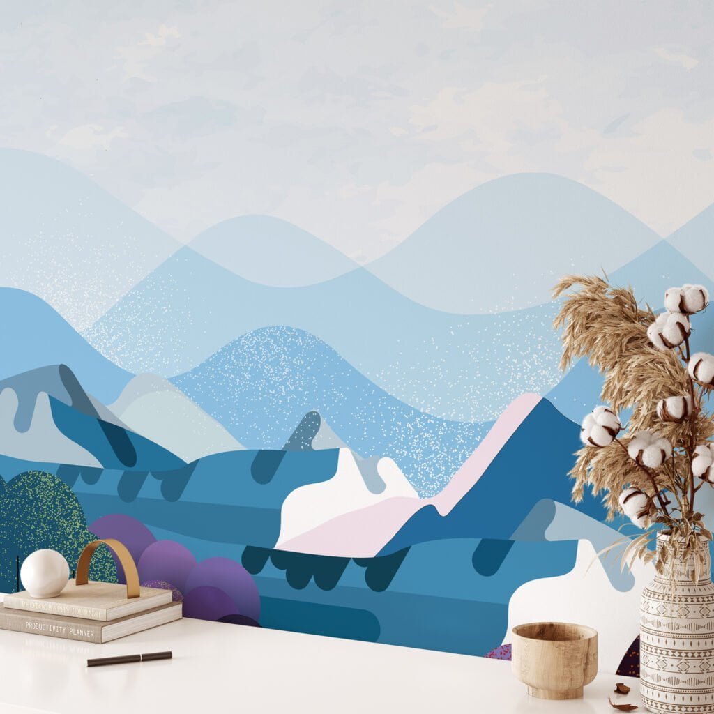Abstract Blue Snowy Mountains Illustration with Multicolored Forest Wallpaper for a Unique and Contemporary Home Decor