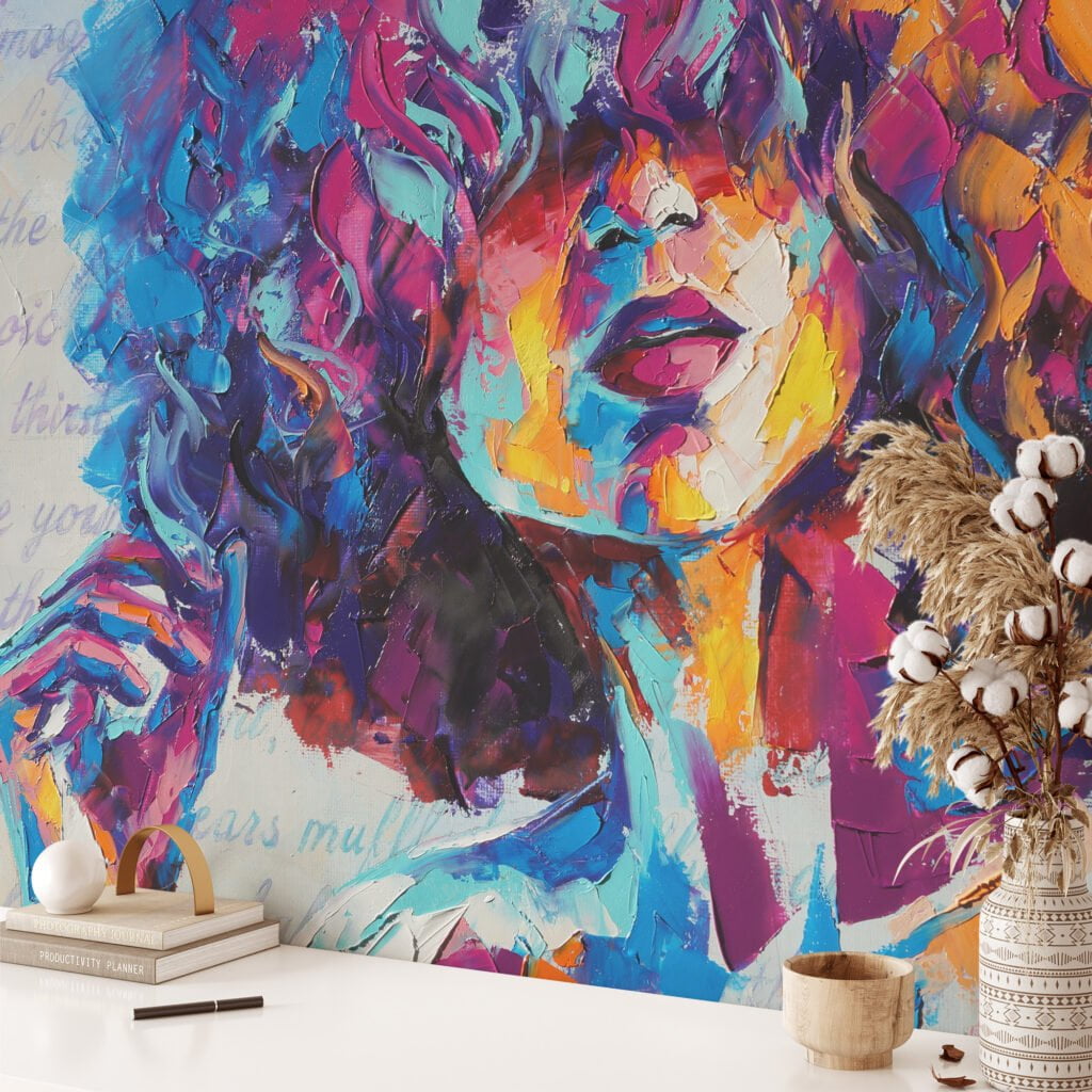 Colorful Abstract Oil Painting of A Girl Wallpaper, Modern Peel and Stick Removable Wall Mural, Self Adhesive Abstract Artistic Wallpaper