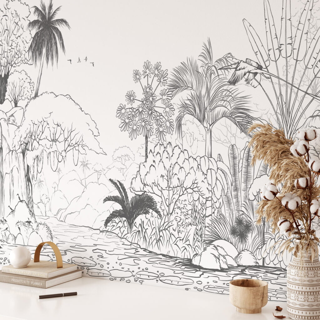 Jungle with Palm Trees Line Art Wallpaper, Hand-drawn and Chic Self Adhesive Wall Mural, Peel and Stick Removable Wallpaper for Nature-lovers