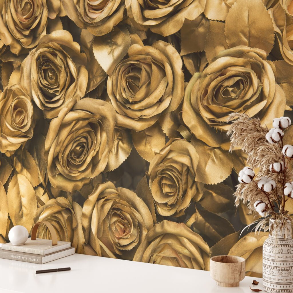 Large Golden Roses Wallpaper, Elegant and Luxurious Peel and Stick Wall Mural, Self Adhesive Removable Wallpaper for a Glamorous Accent Wall