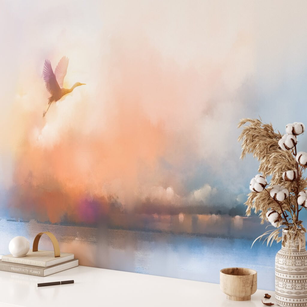 Soft Sunset Landscape Painting with Flying Bird Wallpaper, Serene and Tranquil Peel and Stick Wall Mural, Self Adhesive Removable Wallpaper for Bedroom or Living Room
