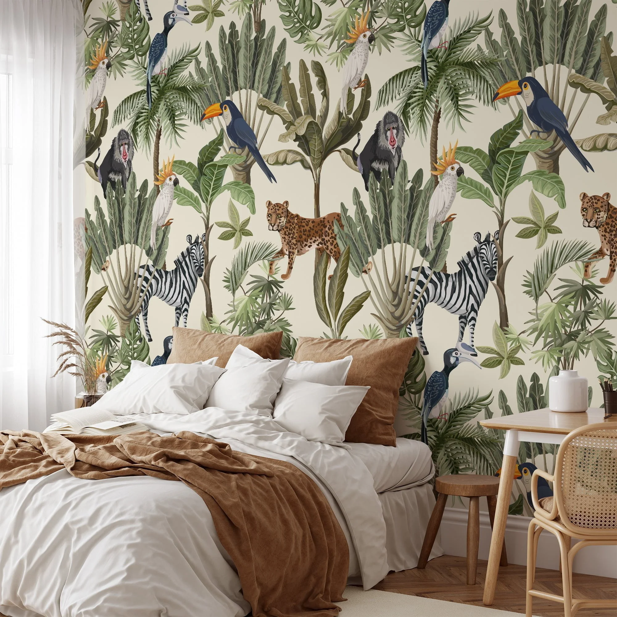 Lush Leaves and Exotic Animal Illustration Wallpaper for a Wild and Vibrant Home Decor