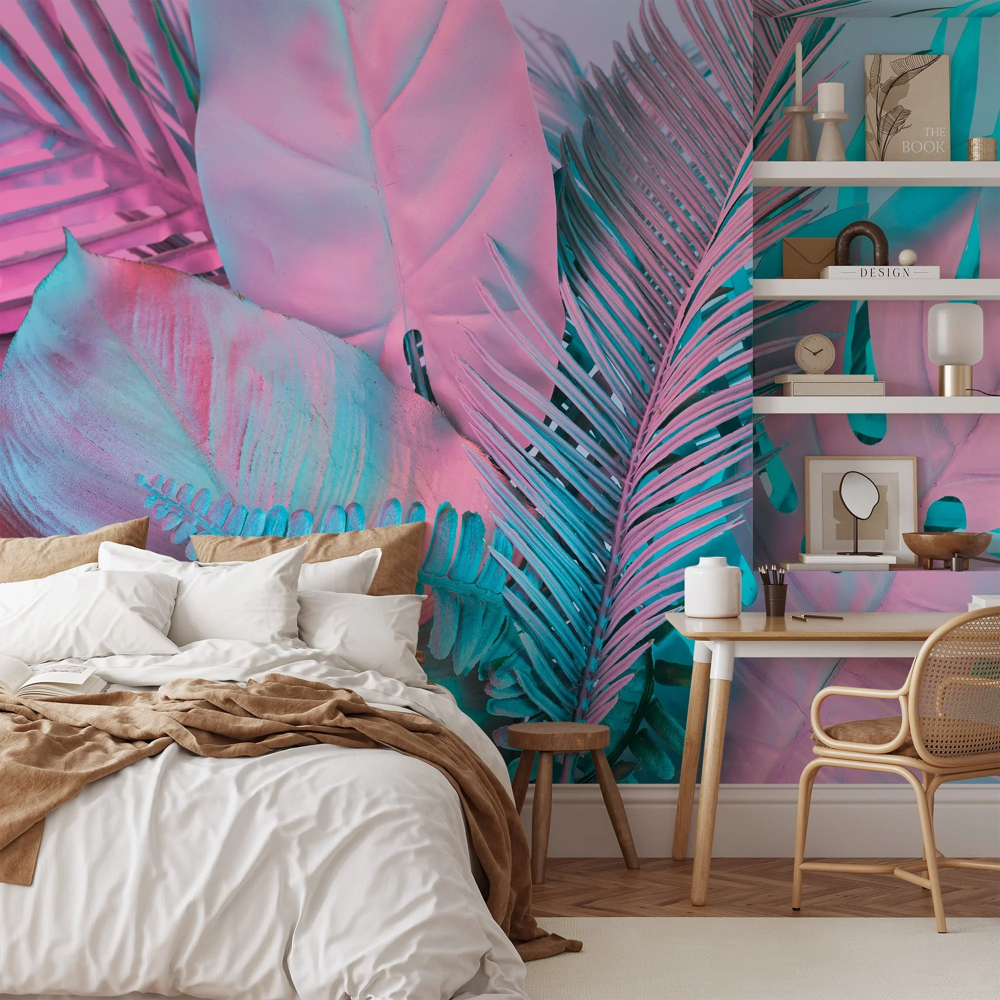 Colorful Tropical Palm Leaves in Bubble Pink and Blue - Self-Adhesive Peel and Stick Wallpaper for a Vibrant Bathroom or Any Room