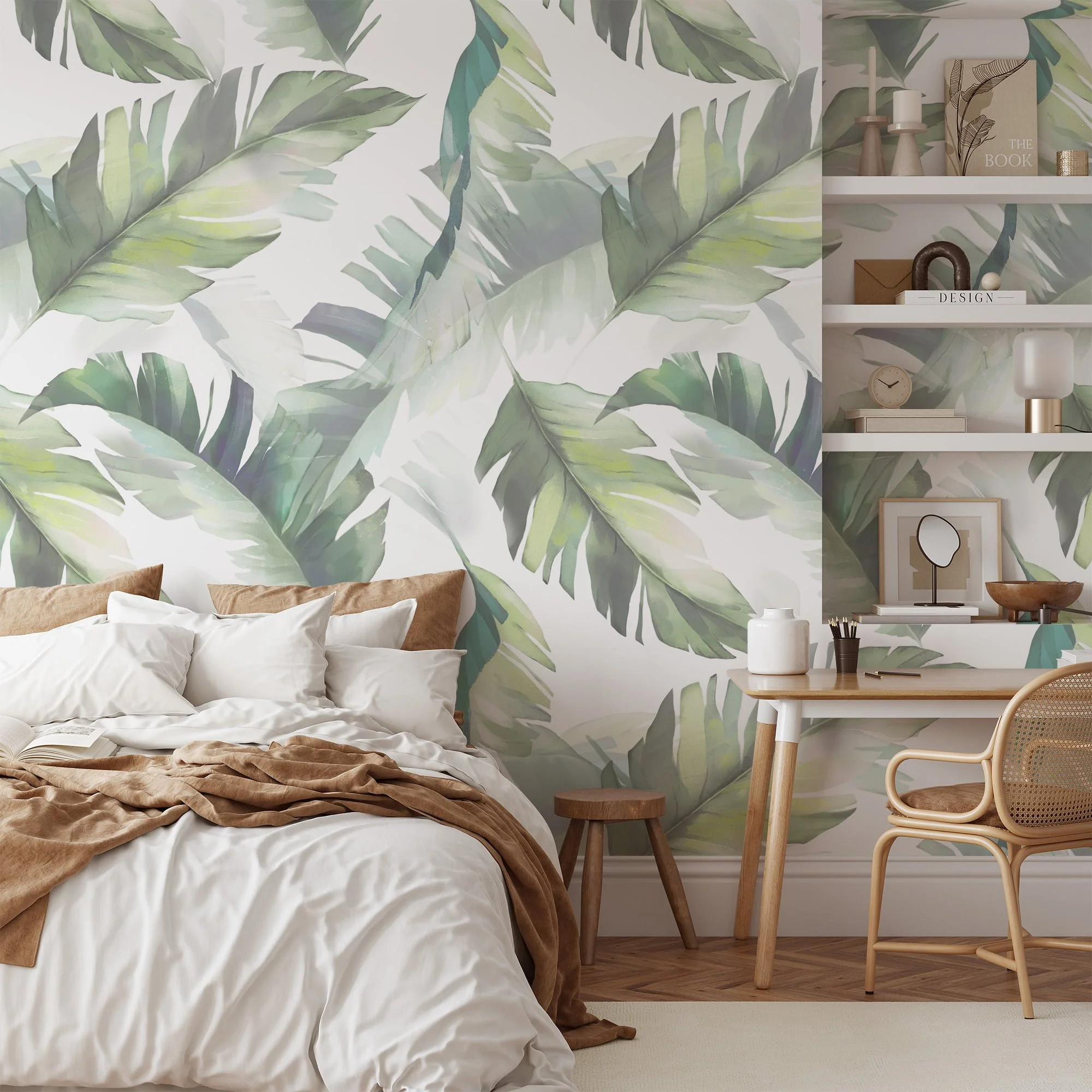 Soft and Serene Watercolor Style Leaves on White Background - Self-Adhesive Peel and Stick Green Wallpaper for a Modern and Relaxing Atmosphere