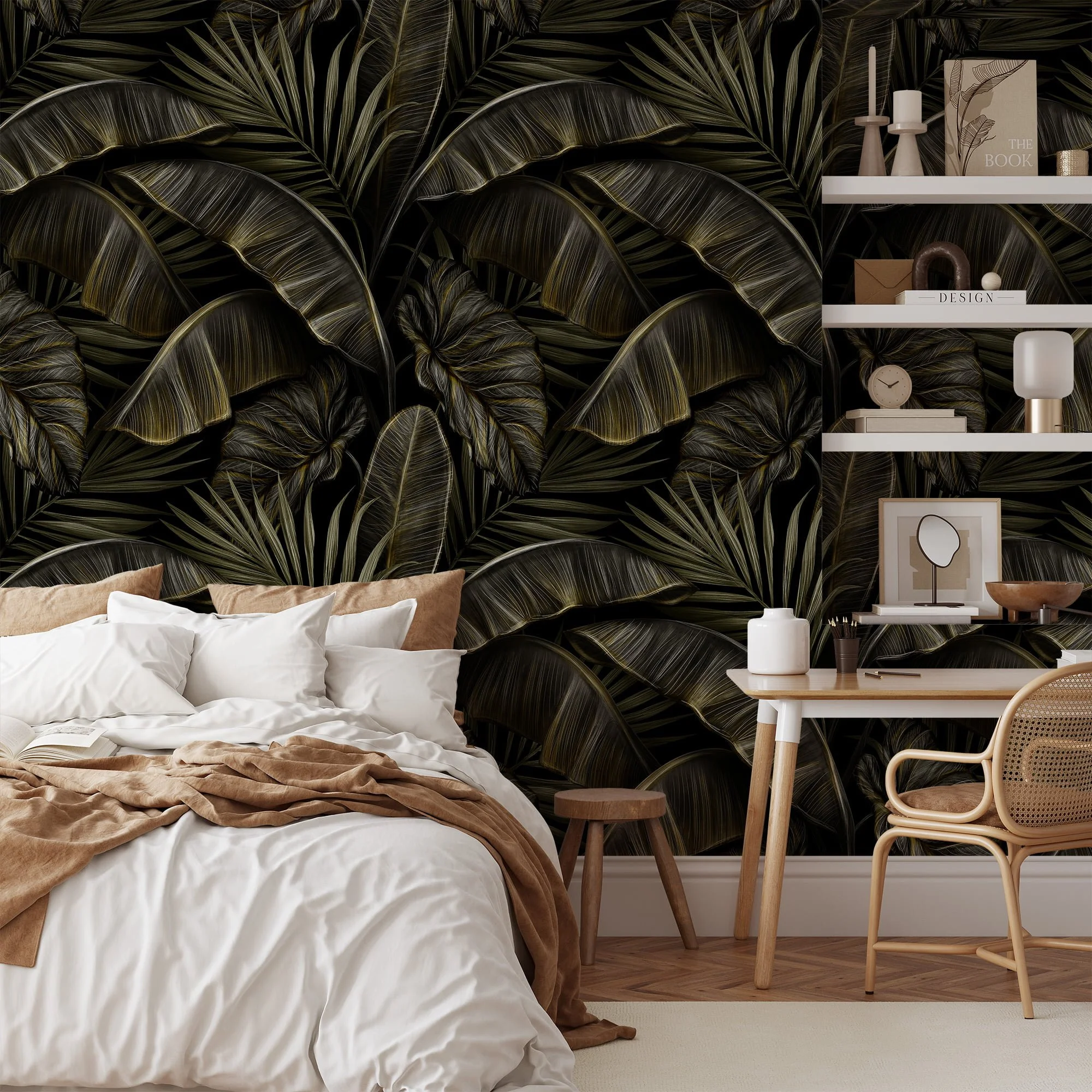 Vintage Charm Meets Tropical Beauty with Banana Leaves Pattern - Self-Adhesive Peel and Stick Dark Leaf Wallpaper for a Refreshed Bathroom or Bedroom