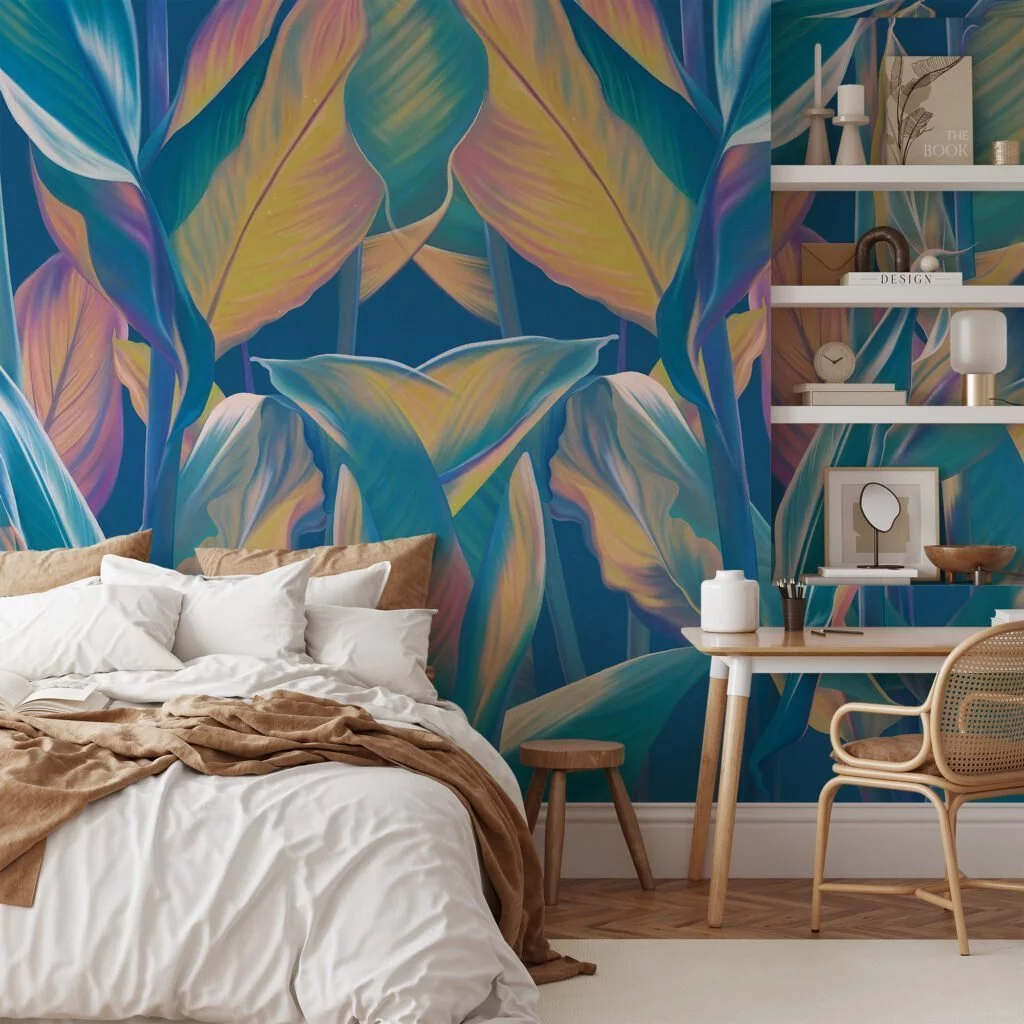 Escape to an Exotic Paradise with Blue-Toned Tropical Leaves Pattern - Self-Adhesive Peel and Stick Colorful Leaf Wallpaper in Shades of Blue for a Calming Atmosphere