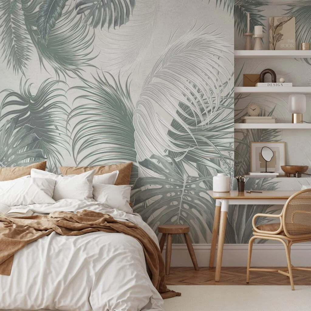 Create a Relaxing Oasis with Muted Green Colored Tropical Leaves on a Light Green Background - Self Adhesive Modern Wall Mural