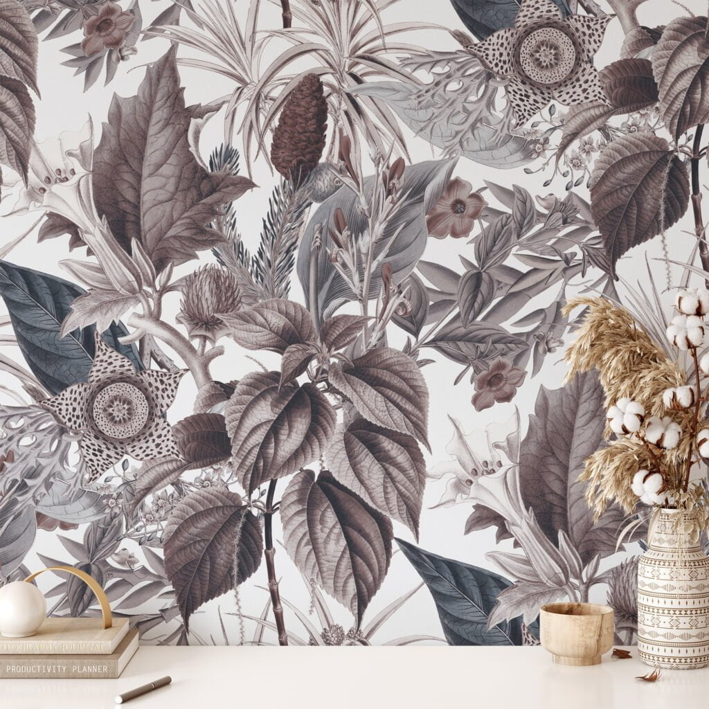 Traditional Plant Illustration Vintage Style Flowers and Leaves on White Background Wallpaper, Peel and Stick Self Adhesive Removable Wall Mural, Old-Fashioned Garden Imagery
