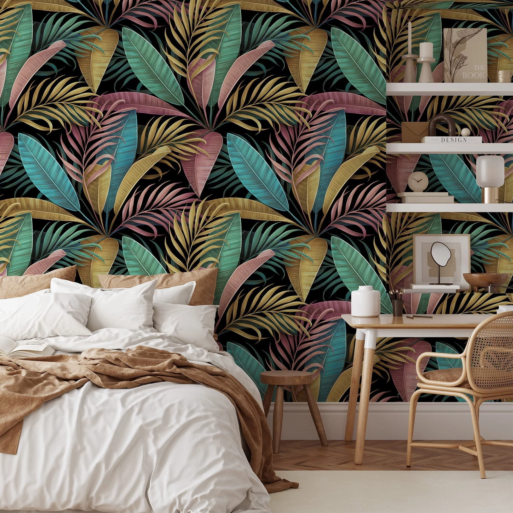 Add a Splash of Color to Your Walls with this Peel and Stick Colorful Leaf Wall Mural on a Black Background