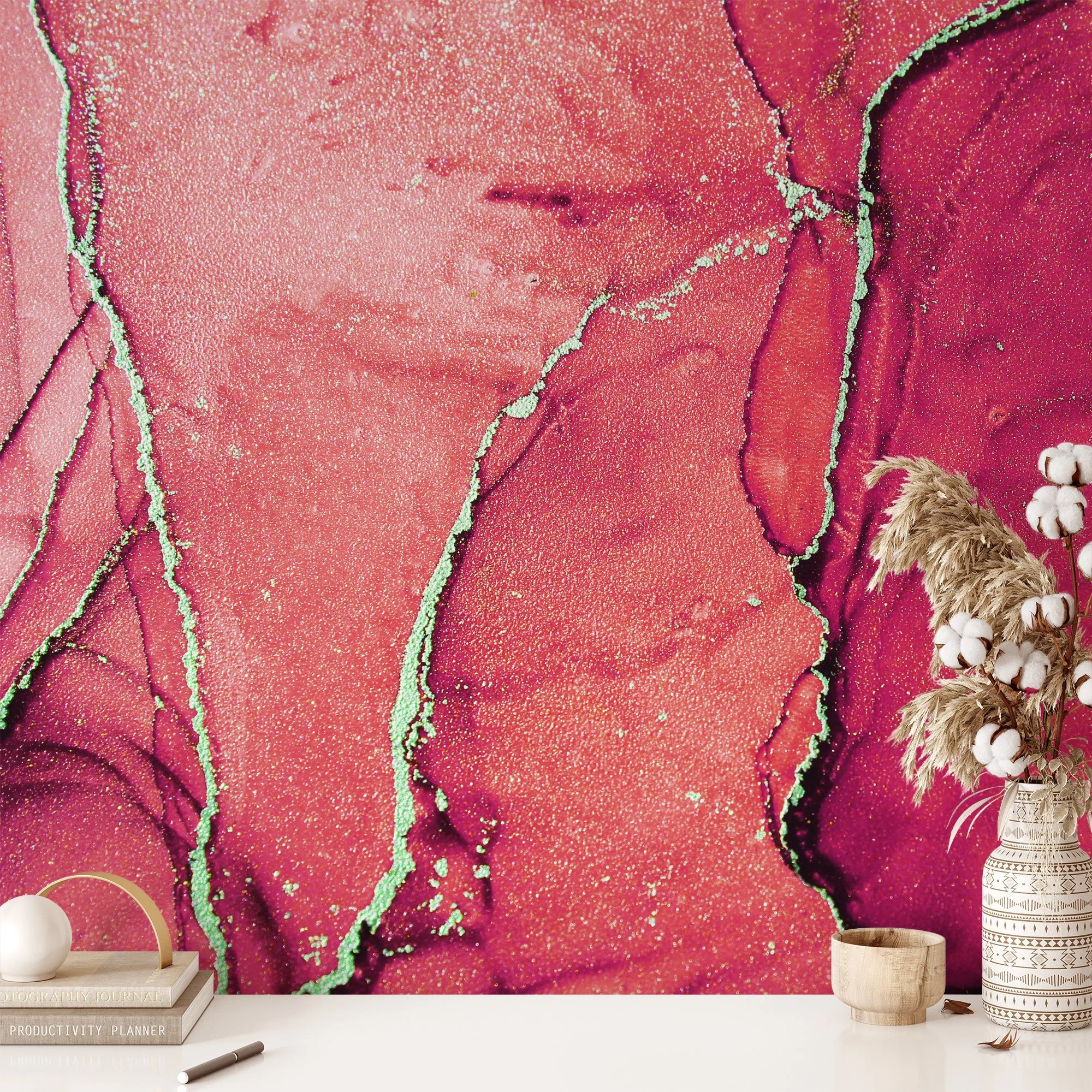 Dramatic Red Toned Marble Texture Wallpaper with Gilded Cracks, Peel & Stick Red Gold Marble Wall Mural