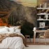 Breathtaking Waterfall Wallpaper with Majestic Mountains and a Radiant Sunset for a Serene and Scenic Home Ambiance