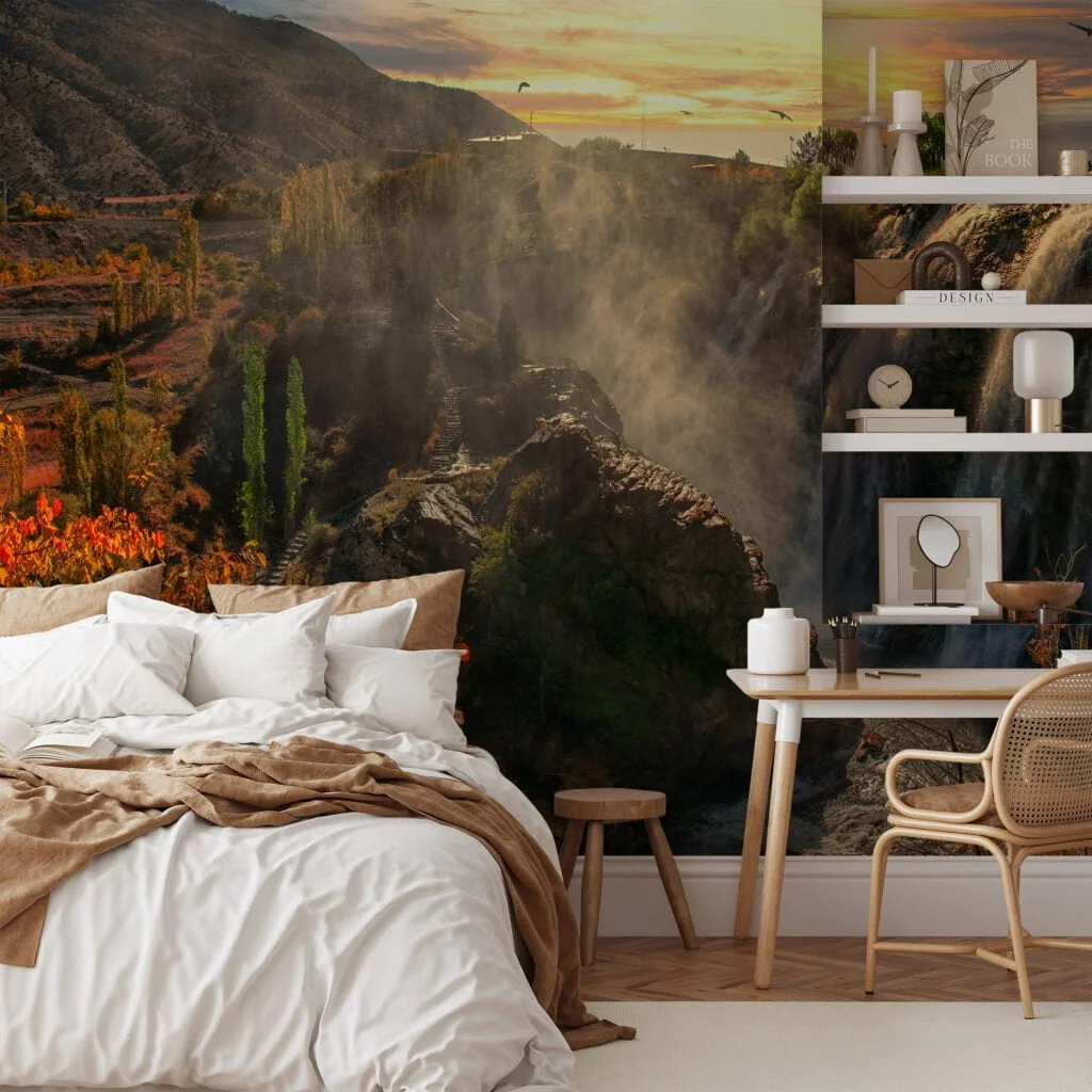 Breathtaking Waterfall Wallpaper with Majestic Mountains and a Radiant Sunset for a Serene and Scenic Home Ambiance