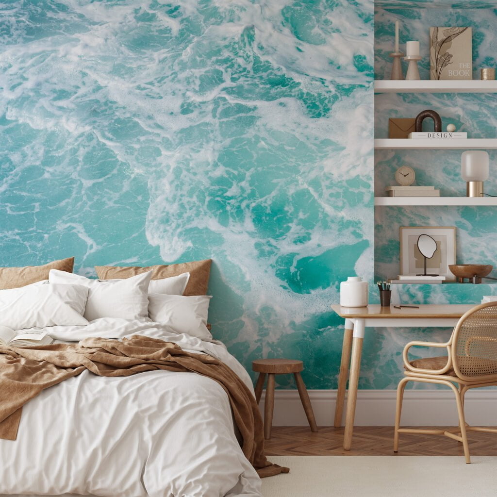 Refreshing Aqua Ocean with Sea Foam Wallpaper for a Calming and Tranquil Home Ambiance