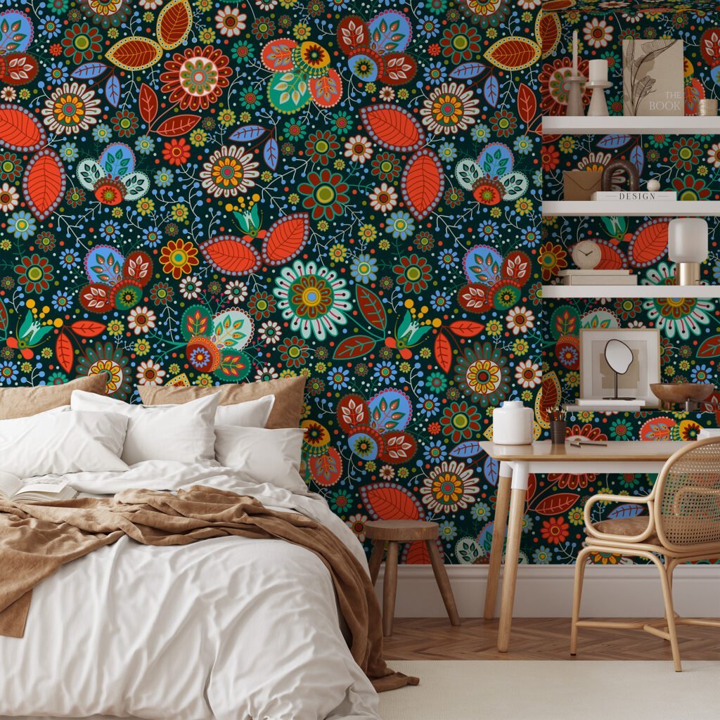 Colorful Flowers in Traditional Style Wallpaper - Floral Illustration with Multiple Colors and Textures Wall Mural