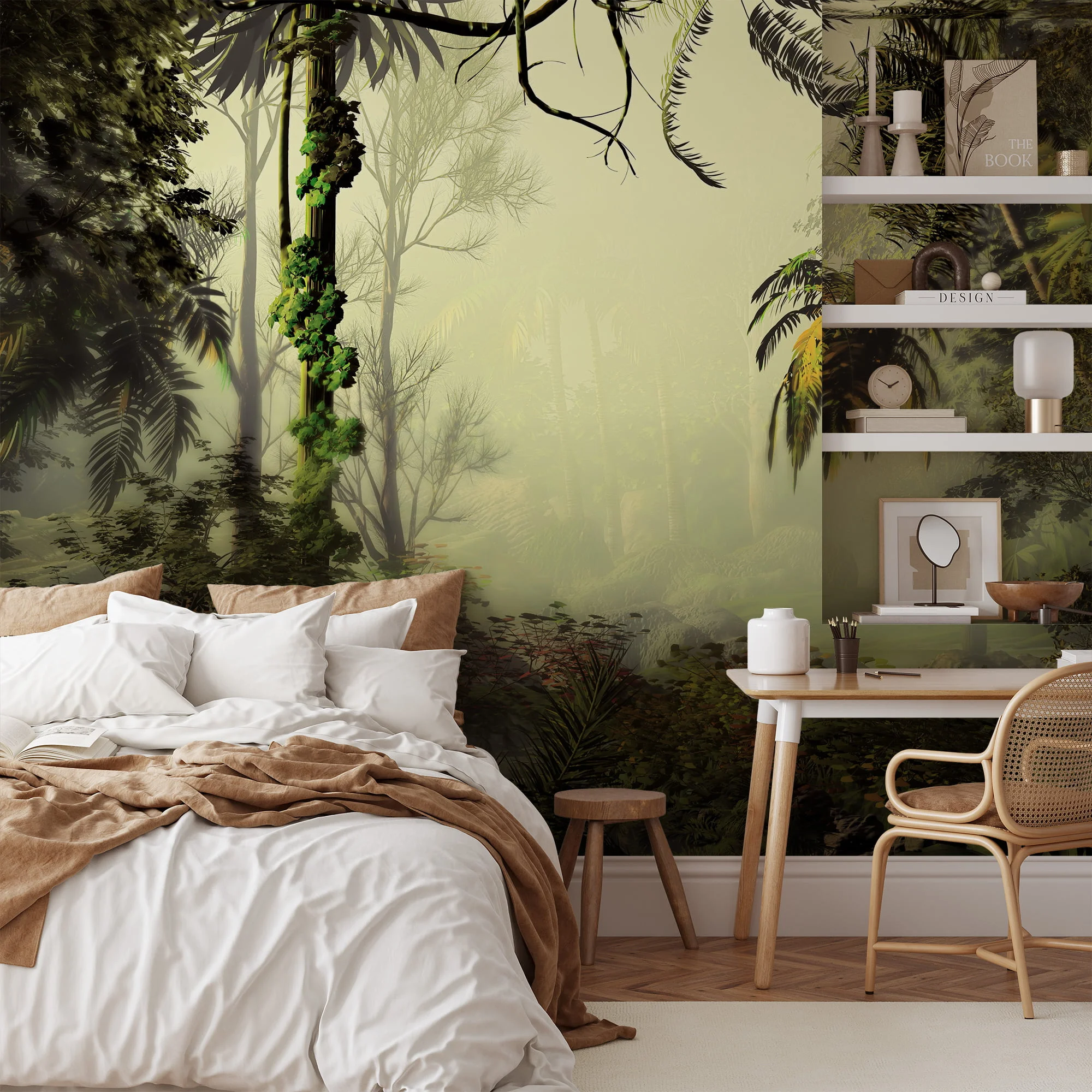 Elegant Misty Green Jungle Wallcovering with Lush Palm Trees and Forest Background for a Serene Atmosphere