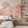 Elegant Pink Peony Roses with Golden Line Art Wallcovering for a Chic and Luxurious Decor