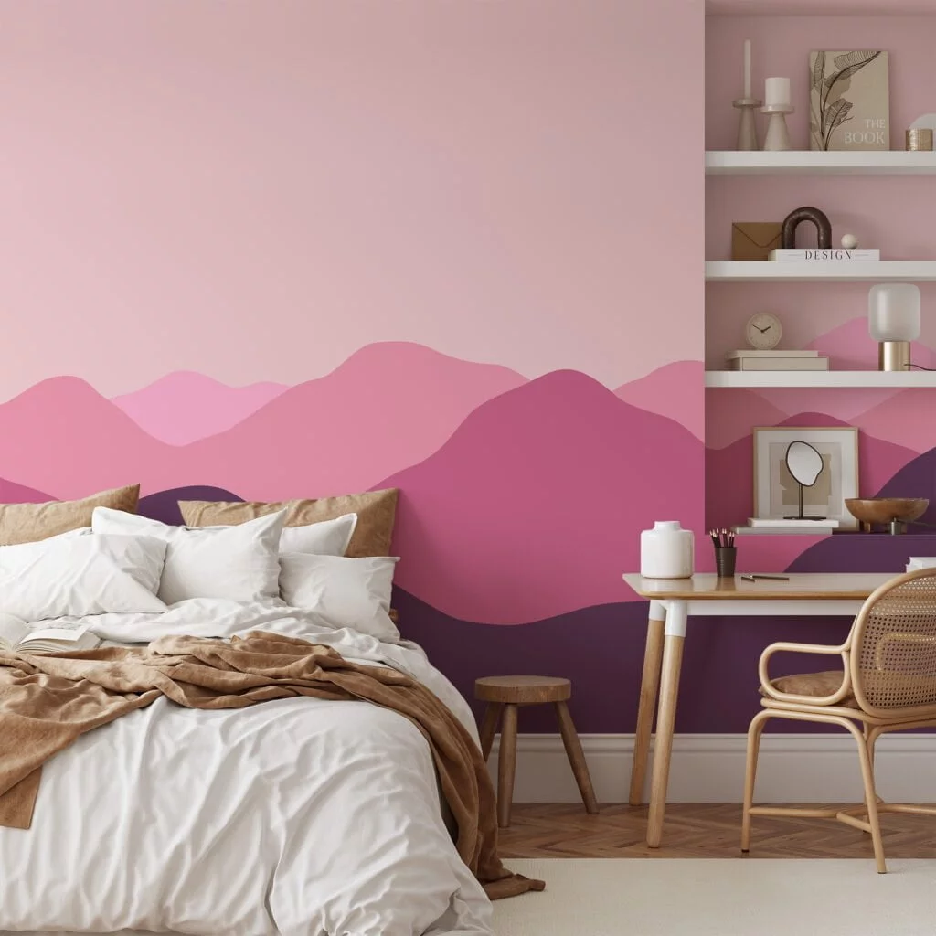 Minimalistic Abstract Mountains Wallpaper with Pink and Purple Hues for a Contemporary and Chic Home Decor