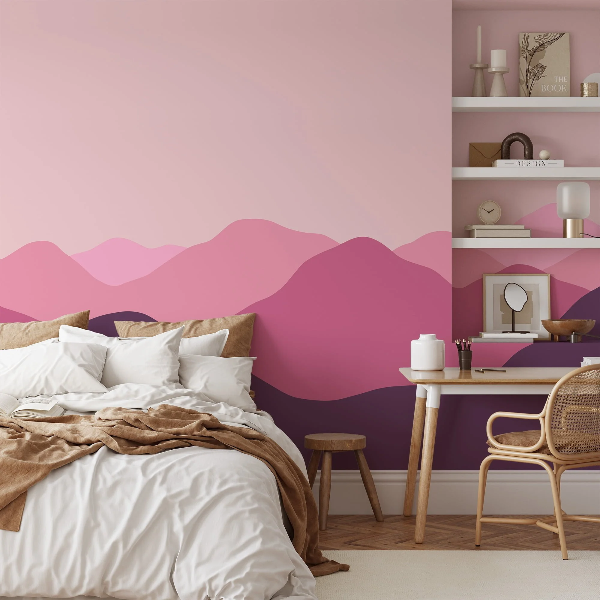 Minimalistic Abstract Mountains Wallpaper with Pink and Purple Hues for a Contemporary and Chic Home Decor