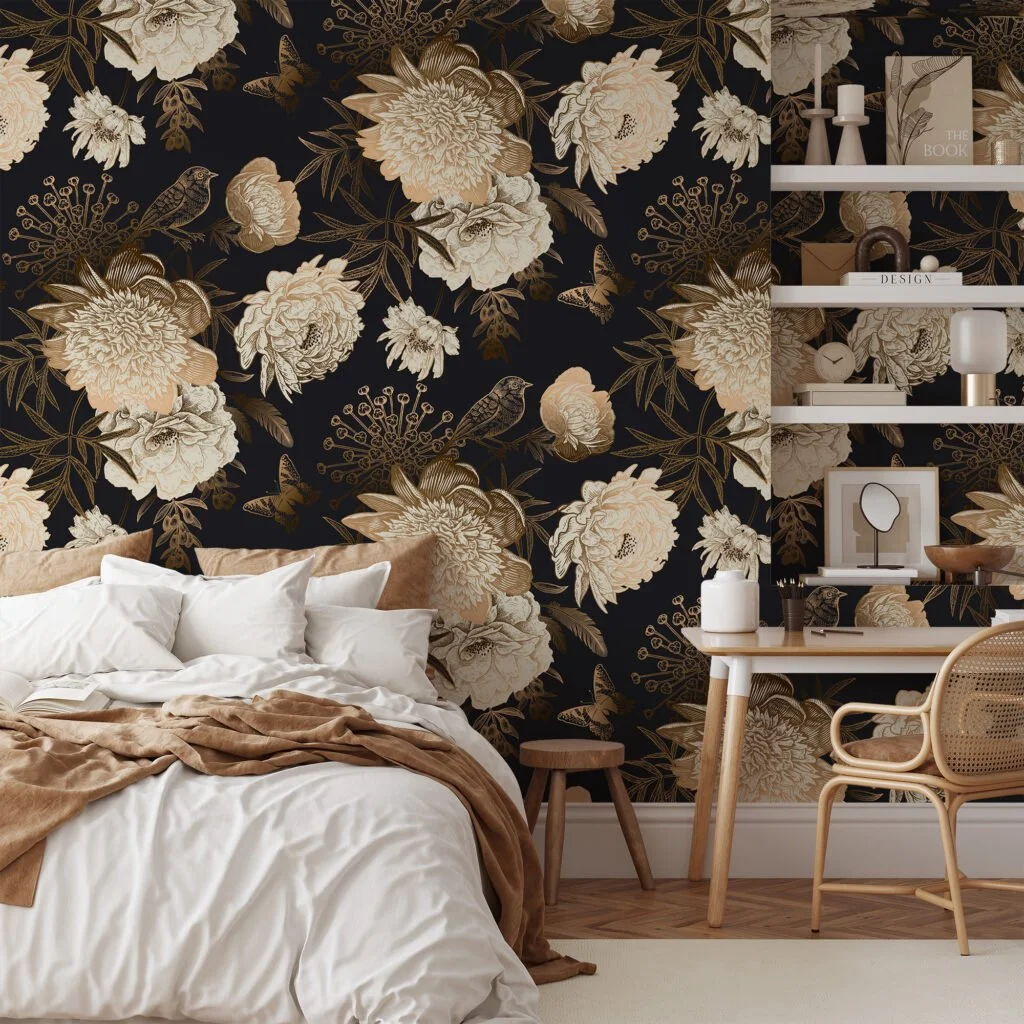 Vintage Peony Rose and Bird Illustration Wallcovering for a Classic and Elegant Look