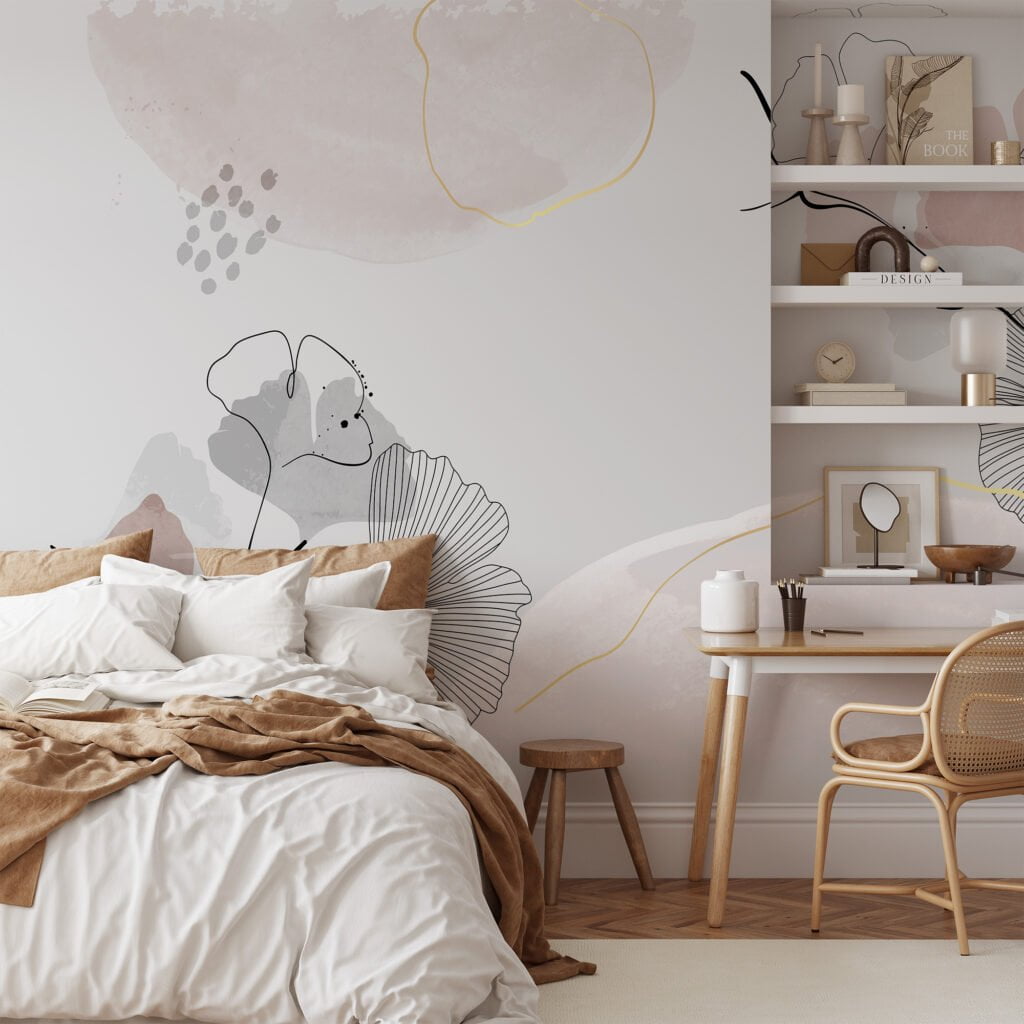 Exquisite Minimalist Grey and Nude Wallpaper with Delicate Floral Line Art for a Timeless Appeal