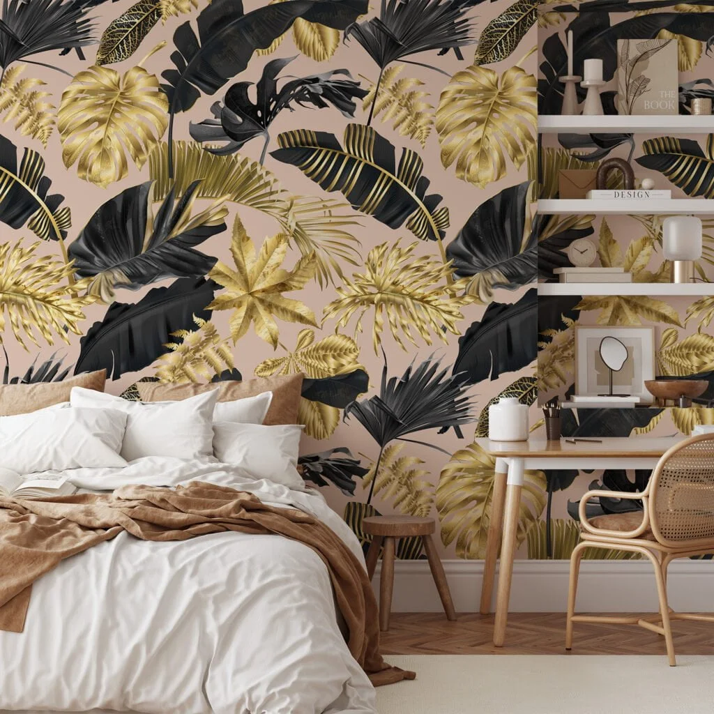 Luxurious Gold and Black Tropical Leaves on Peach Pink Background - Self-Adhesive Peel and Stick Modern Wallpaper for a Touch of Elegance