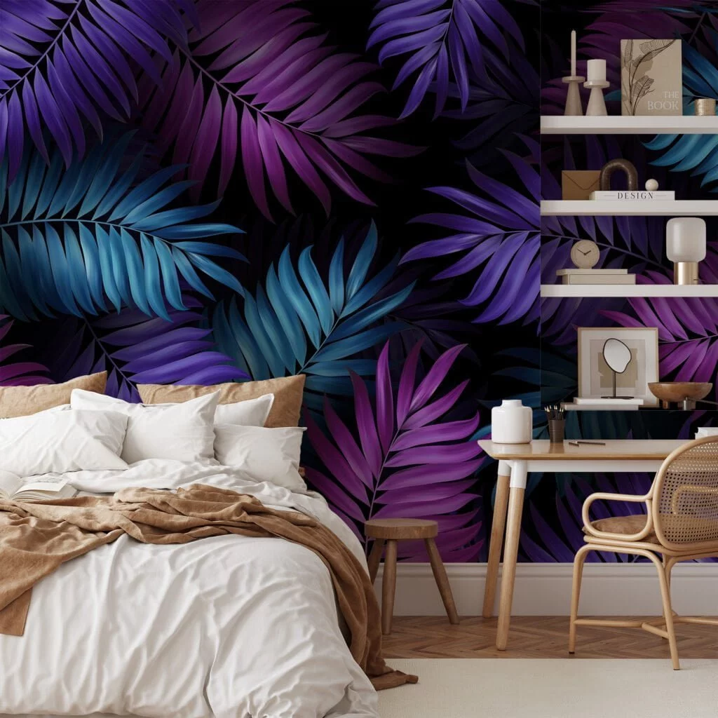 Add a Bold Pop of Color with Purple Fuchsia and Aqua Colored Large Tropical Leaves - Self-Adhesive Peel and Stick Dark Floral Wallpaper for a Vibrant Space