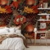 Autumnal Leaves Illustration Wallpaper with Foxes for a Rustic and Cozy Home Ambiance