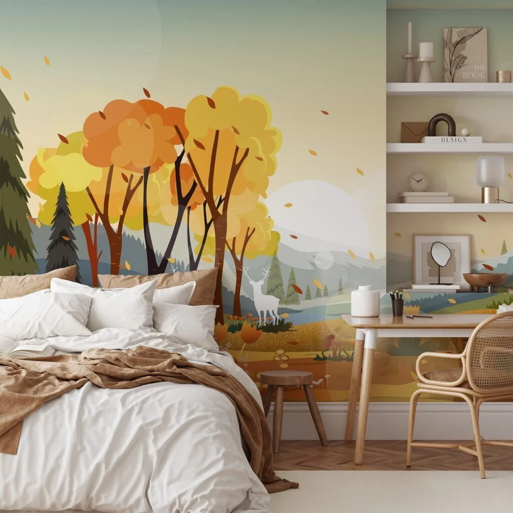 Whimsical Cartoon Style Forest Illustration Wallpaper for a Playful and Vibrant Home Decor during Fall Season