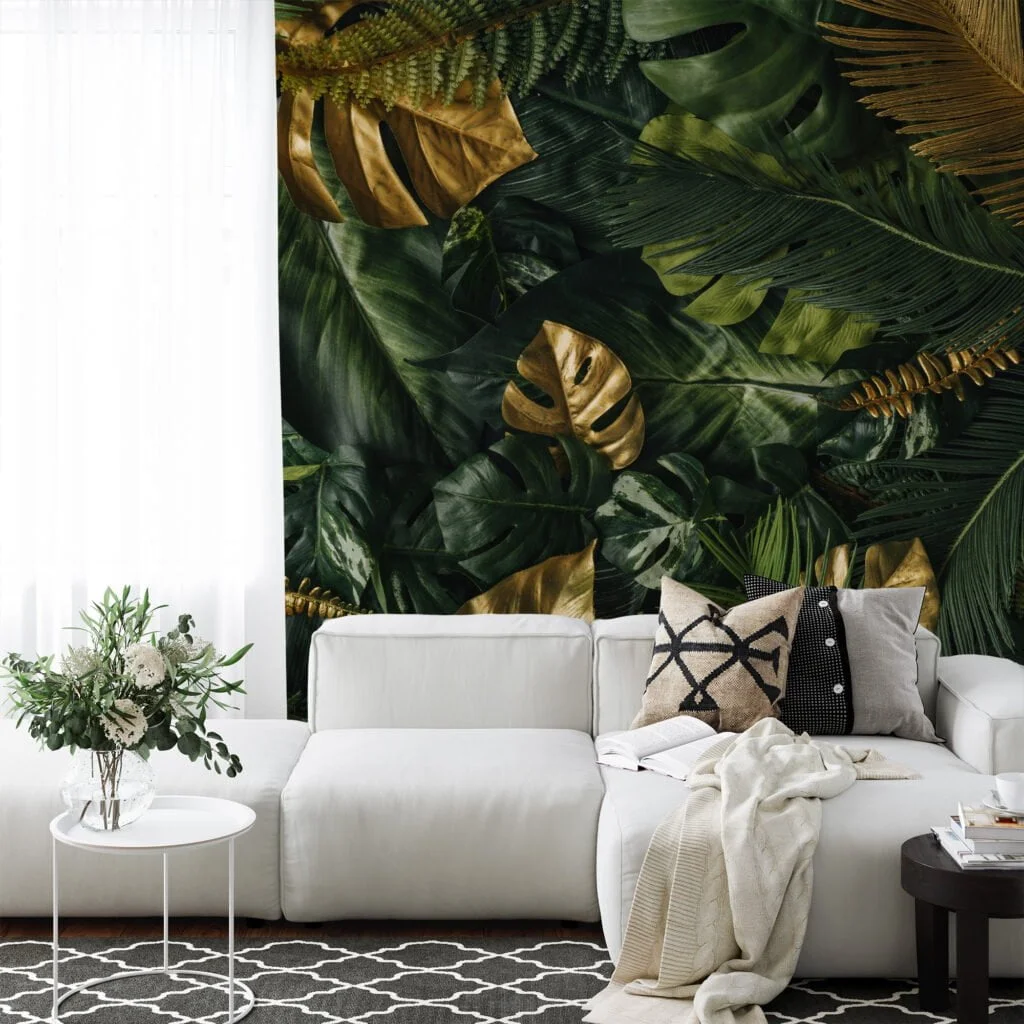 Vibrant Golden and Green Tropical Leaves on Jungle Background - Self-Adhesive Peel and Stick Botanical Wallpaper to Create a Lush Escape