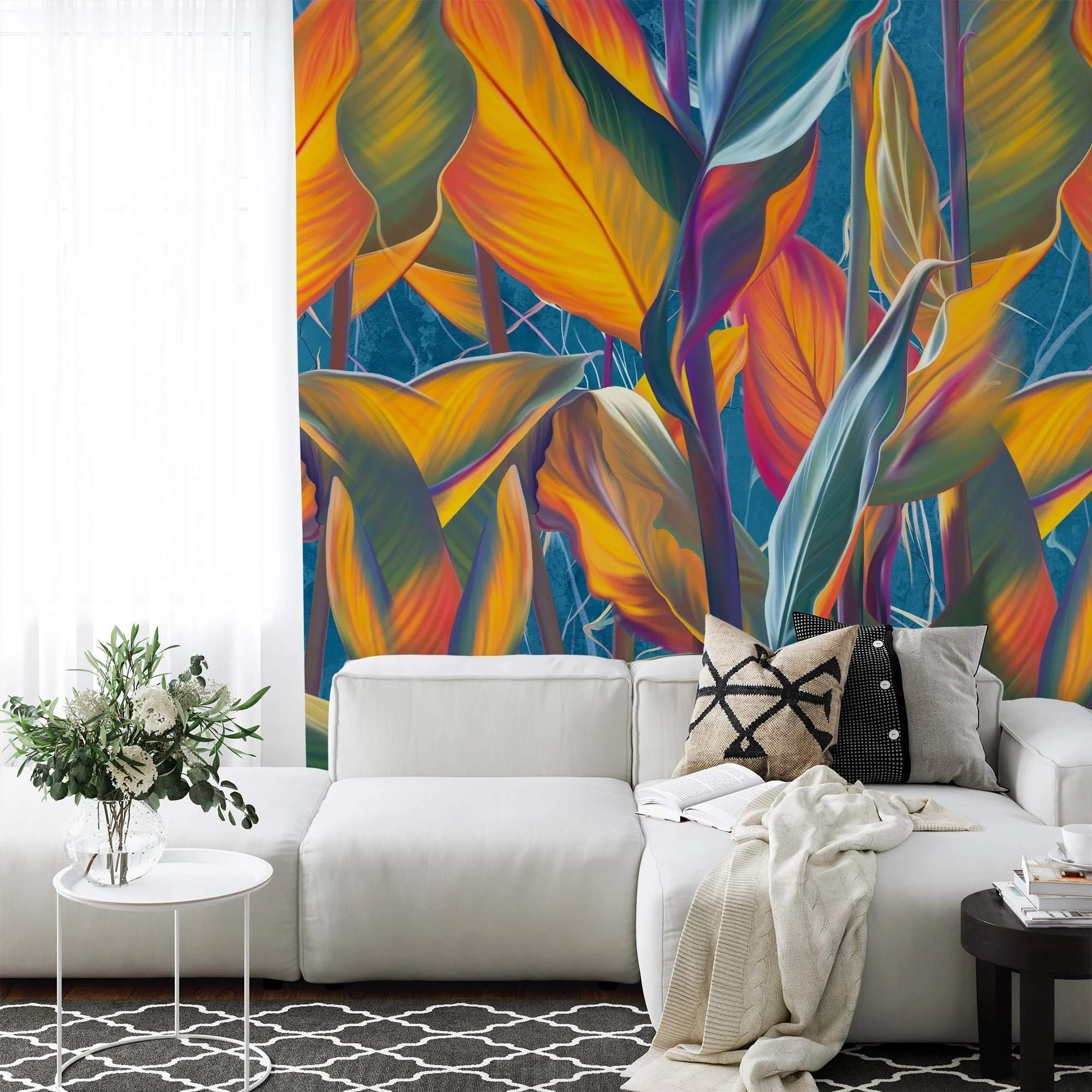 Bring a Splash of Color to Your Space with Colorful Large Sunset Leaves on Blue Background - Self-Adhesive Peel and Stick Exotic Mixed Colored Leaf Wallpaper for a Tropical Escape