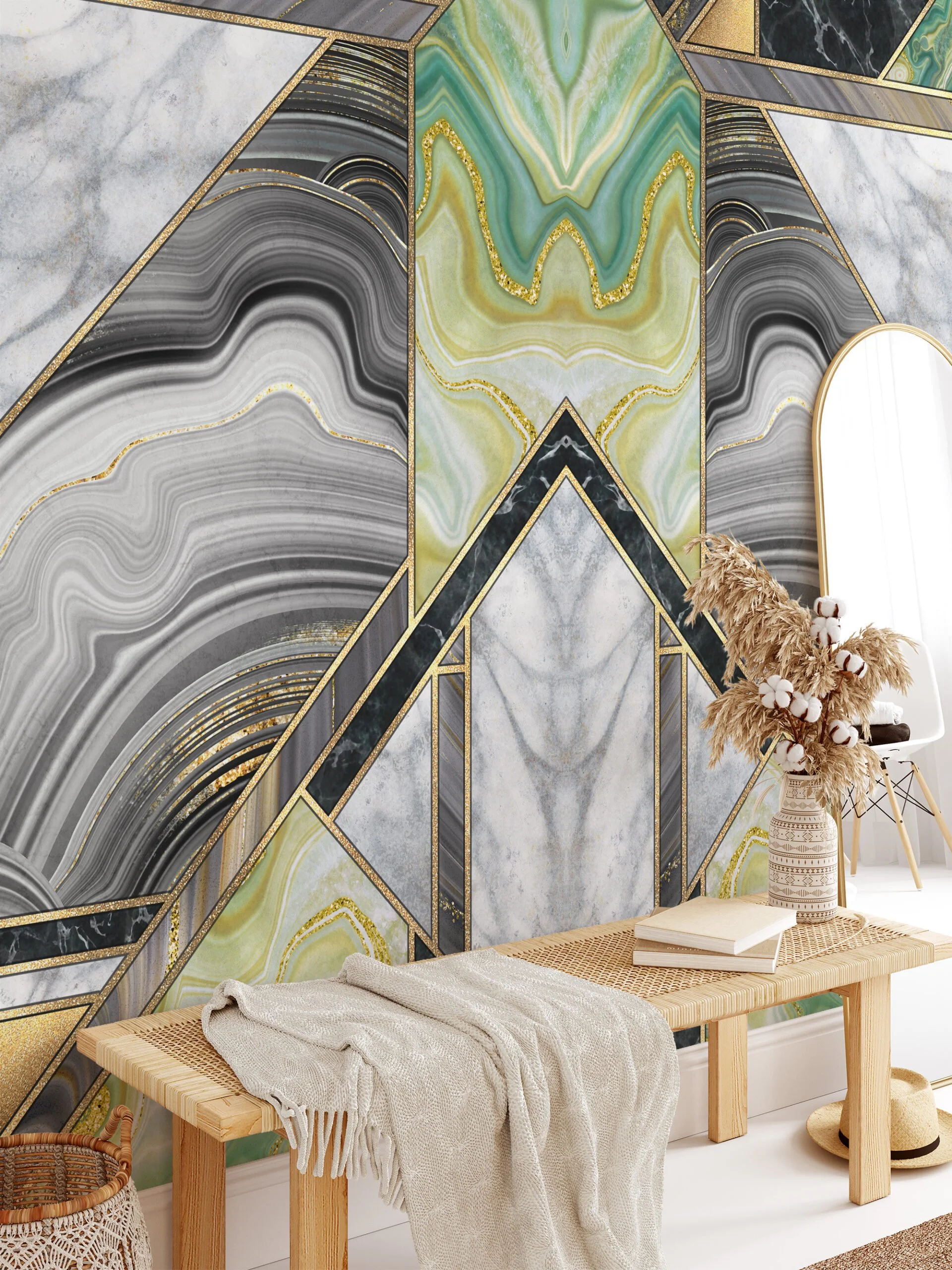 Contemporary Green and Gold Marble Mural Wallpaper - Easy to Install and Suitable for Any Room in Your Home or Office.
